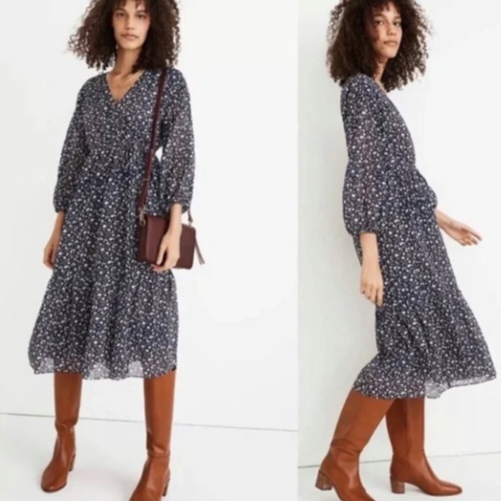 Madewell Navy Floral Tiered Midi Dress